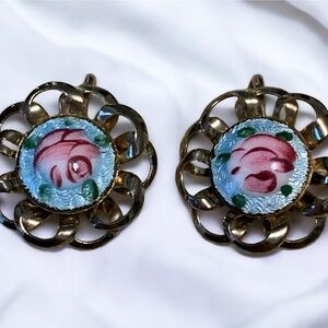 1950’s Guilloche rose enamel screw back earrings.